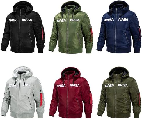 CORIRESHA Winter Men's NASA Bomber Jacket Stand-Up Collar Hooded Thickened Embroidered Zipper-Up Jacket in Kuwait