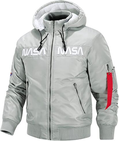 CORIRESHA Winter Men's NASA Bomber Jacket Stand-Up Collar Hooded Thickened Embroidered Zipper-Up Jacket in Kuwait