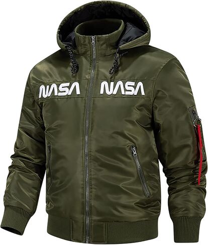 CORIRESHA Winter Men's NASA Bomber Jacket Stand-Up Collar Hooded Thickened Embroidered Zipper-Up Jacket in Kuwait