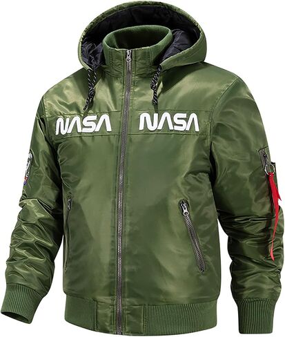 CORIRESHA Winter Men's NASA Bomber Jacket Stand-Up Collar Hooded Thickened Embroidered Zipper-Up Jacket in Kuwait