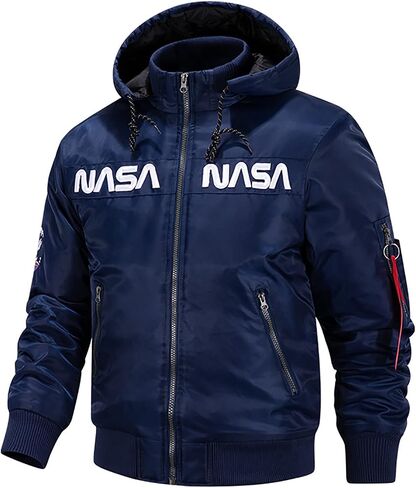 CORIRESHA Winter Men's NASA Bomber Jacket Stand-Up Collar Hooded Thickened Embroidered Zipper-Up Jacket in Kuwait