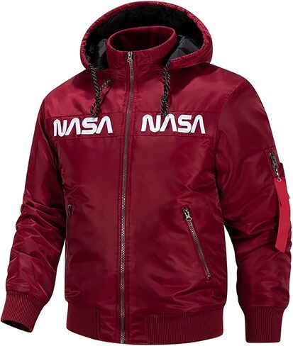 CORIRESHA Winter Men's NASA Bomber Jacket Stand-Up Collar Hooded Thickened Embroidered Zipper-Up Jacket in Kuwait