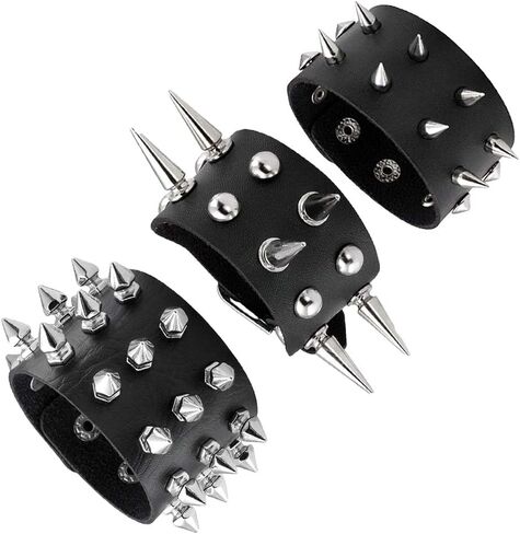 Spike Rivets Cuff Bangle - Goth Black Leather Bracelet with Metal Studded - 80s Punk Rock Accessories for Men Women (3 PCS Spike Bracelet) in Saudi Arabia