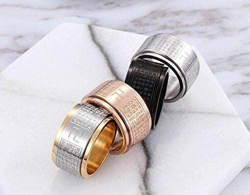 JAJAFOOK 12mm Wide Stainless Steel Chinese Heart Sutra Engraved Buddhist Spinning Ring Bands for Men in Kuwait