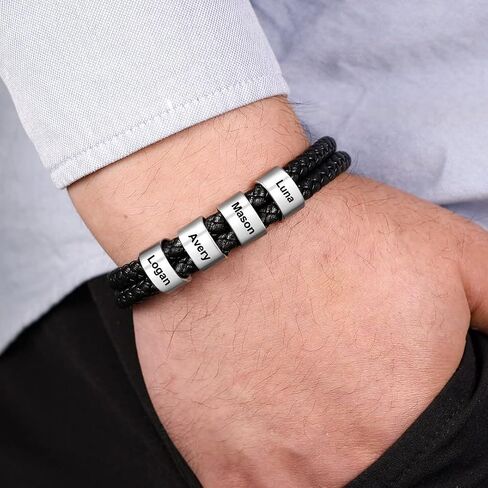 Personalized Mens Black Braid Bracelet Custom Bracelet with 1-8 Custom Beads Family Names Jewelry for Men Boyfriend in Saudi Arabia