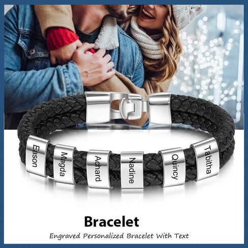 Personalized Mens Black Braid Bracelet Custom Bracelet with 1-8 Custom Beads Family Names Jewelry for Men Boyfriend in Saudi Arabia