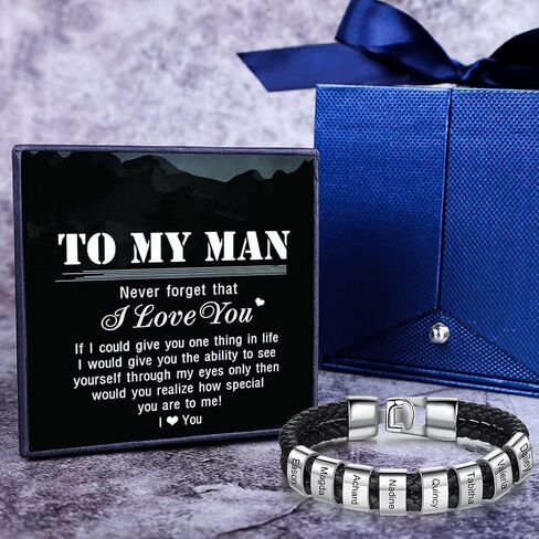 Personalized Mens Black Braid Bracelet Custom Bracelet with 1-8 Custom Beads Family Names Jewelry for Men Boyfriend in Saudi Arabia