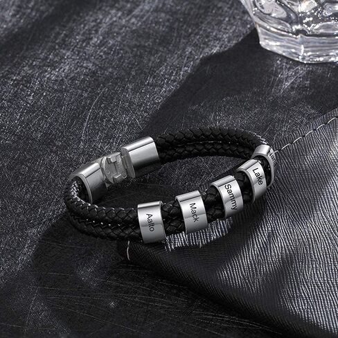 Personalized Mens Black Braid Bracelet Custom Bracelet with 1-8 Custom Beads Family Names Jewelry for Men Boyfriend in Saudi Arabia