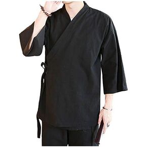 Men's Chinese Style Linen Cardigan Jacket loose kimono Jacket Solid Color Self-tie Hanfu Traditional Clothing in Kuwait