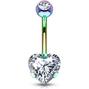 14G Prong Set 8mm Heart CZ 316L Surgical Steel Naval Belly Button Ring