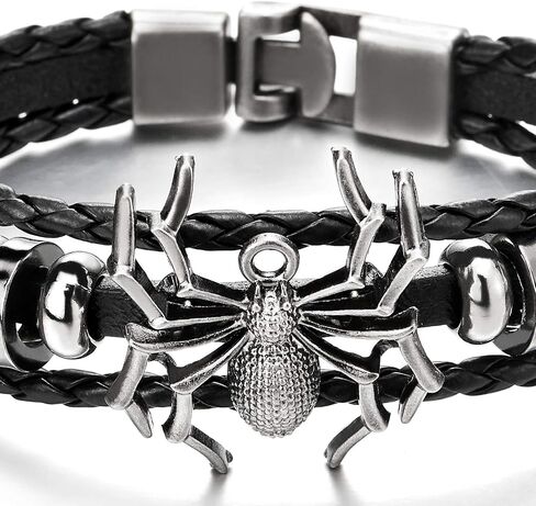 Mens Spider Black Braided Leather Bracelet Multi-Strand Leather Wristband Wrap Bracelet in Saudi Arabia