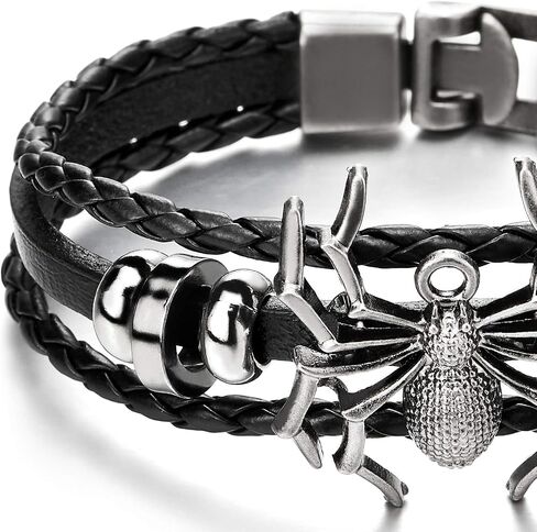 Mens Spider Black Braided Leather Bracelet Multi-Strand Leather Wristband Wrap Bracelet in Saudi Arabia