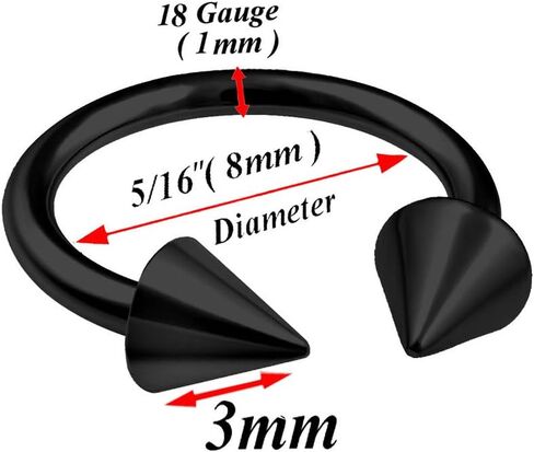 bodyjewellery 2pcs 18g Circular Barbell Ear Cartilage Eyebrow Horseshoe Lip Septum Nose Ring Tragus Helix Black Cones - Pick Size in Saudi Arabia