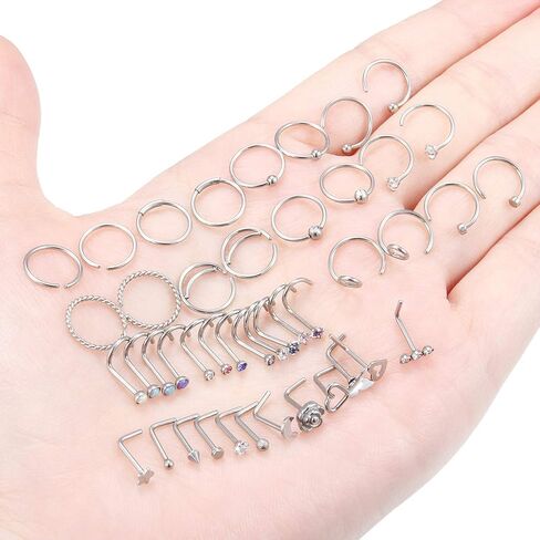 Cisyozi 18G 20G 16G Push in Flat Back Nose Ring Studs Hypoallergenic Surgical Steel Threadless CZ Moon Heart Nose Stud Set for Women Men Nostril Piercing Jewelry 6mm Bars Tops Size 3mm in Kuwait
