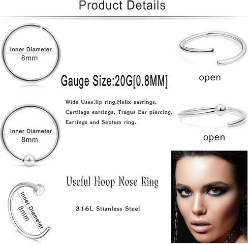 Cisyozi 18G 20G 16G Push in Flat Back Nose Ring Studs Hypoallergenic Surgical Steel Threadless CZ Moon Heart Nose Stud Set for Women Men Nostril Piercing Jewelry 6mm Bars Tops Size 3mm in Kuwait