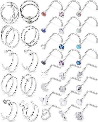 Cisyozi 18G 20G 16G Push in Flat Back Nose Ring Studs Hypoallergenic Surgical Steel Threadless CZ Moon Heart Nose Stud Set for Women Men Nostril Piercing Jewelry 6mm Bars Tops Size 3mm in Kuwait