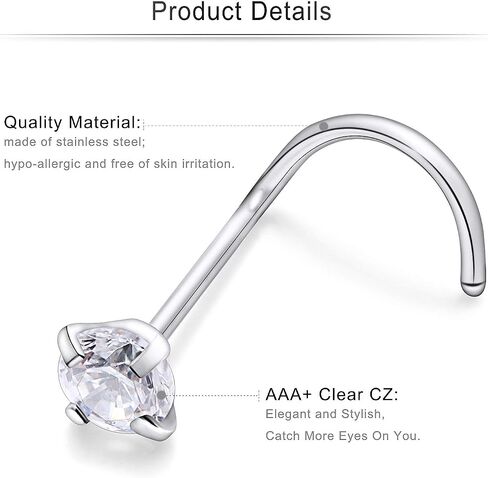 Cisyozi 18G 20G 16G Push in Flat Back Nose Ring Studs Hypoallergenic Surgical Steel Threadless CZ Moon Heart Nose Stud Set for Women Men Nostril Piercing Jewelry 6mm Bars Tops Size 3mm in Kuwait