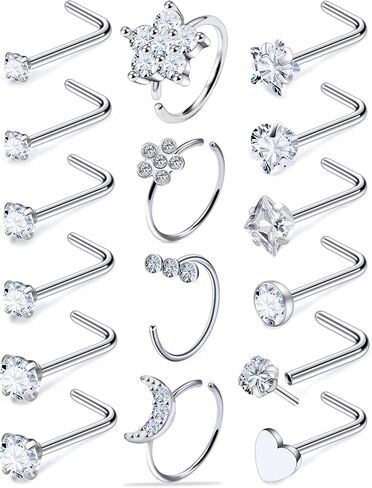 Cisyozi 18G 20G 16G Push in Flat Back Nose Ring Studs Hypoallergenic Surgical Steel Threadless CZ Moon Heart Nose Stud Set for Women Men Nostril Piercing Jewelry 6mm Bars Tops Size 3mm in Kuwait