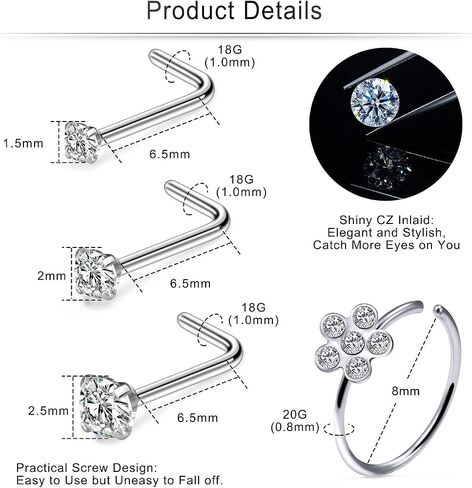 Cisyozi 18G 20G 16G Push in Flat Back Nose Ring Studs Hypoallergenic Surgical Steel Threadless CZ Moon Heart Nose Stud Set for Women Men Nostril Piercing Jewelry 6mm Bars Tops Size 3mm in Kuwait