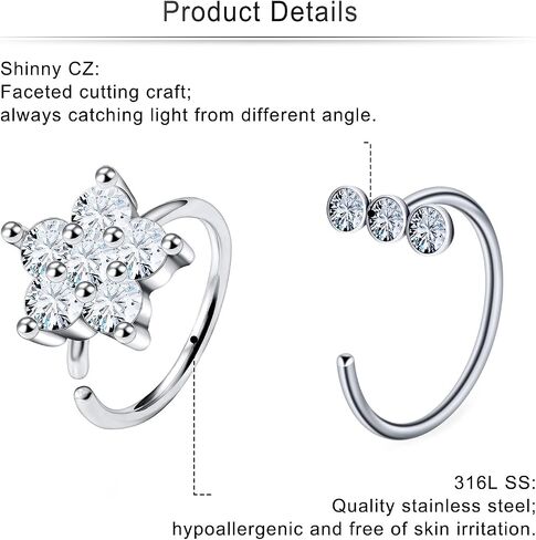 Cisyozi 18G 20G 16G Push in Flat Back Nose Ring Studs Hypoallergenic Surgical Steel Threadless CZ Moon Heart Nose Stud Set for Women Men Nostril Piercing Jewelry 6mm Bars Tops Size 3mm in Kuwait