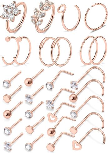 Cisyozi 18G 20G 16G Push in Flat Back Nose Ring Studs Hypoallergenic Surgical Steel Threadless CZ Moon Heart Nose Stud Set for Women Men Nostril Piercing Jewelry 6mm Bars Tops Size 3mm in Kuwait