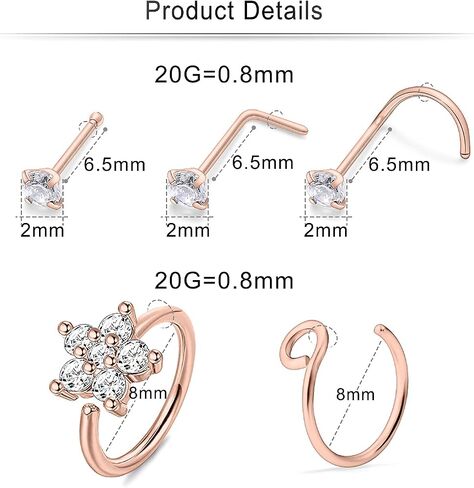 Cisyozi 18G 20G 16G Push in Flat Back Nose Ring Studs Hypoallergenic Surgical Steel Threadless CZ Moon Heart Nose Stud Set for Women Men Nostril Piercing Jewelry 6mm Bars Tops Size 3mm in Kuwait