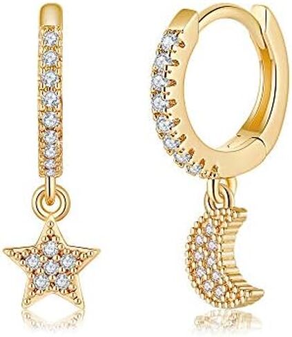 S925 Sterling Silver Post Huggie Hoop Earrings, 14K Gold Plated Dangle Small Hoop Cuff Earring Hypoallergenic Dainty Cubic Zirconia Snake Ball Spike Evil Eye Moon Star Huggie Hoop Earrings in Saudi Arabia