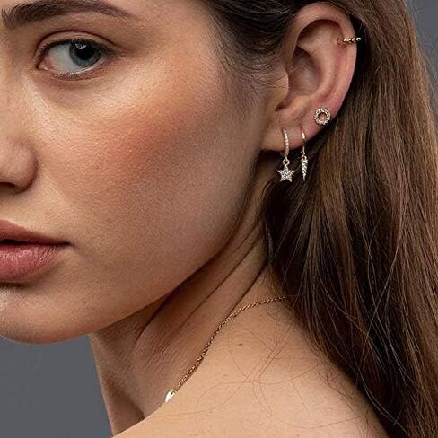 S925 Sterling Silver Post Huggie Hoop Earrings, 14K Gold Plated Dangle Small Hoop Cuff Earring Hypoallergenic Dainty Cubic Zirconia Snake Ball Spike Evil Eye Moon Star Huggie Hoop Earrings in Saudi Arabia