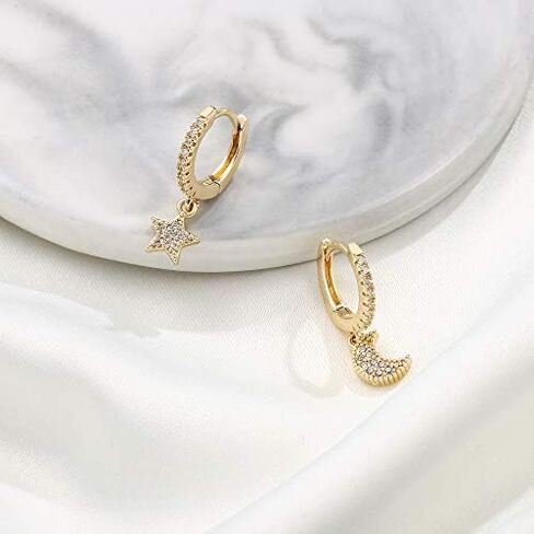 S925 Sterling Silver Post Huggie Hoop Earrings, 14K Gold Plated Dangle Small Hoop Cuff Earring Hypoallergenic Dainty Cubic Zirconia Snake Ball Spike Evil Eye Moon Star Huggie Hoop Earrings in Saudi Arabia