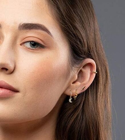 S925 Sterling Silver Post Huggie Hoop Earrings, 14K Gold Plated Dangle Small Hoop Cuff Earring Hypoallergenic Dainty Cubic Zirconia Snake Ball Spike Evil Eye Moon Star Huggie Hoop Earrings in Saudi Arabia