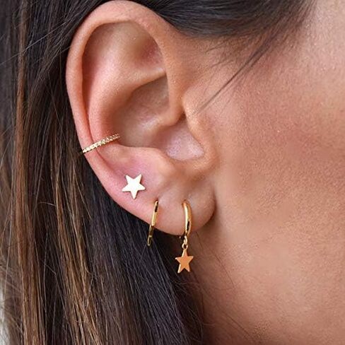S925 Sterling Silver Post Huggie Hoop Earrings, 14K Gold Plated Dangle Small Hoop Cuff Earring Hypoallergenic Dainty Cubic Zirconia Snake Ball Spike Evil Eye Moon Star Huggie Hoop Earrings in Saudi Arabia