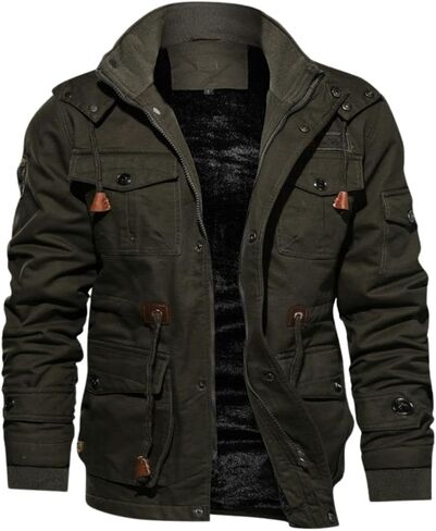 Kinkia Men's Winter Thicken Fleece Lined Outwear Jacket Casual Multi-Pockets Cargo Overcoat in Kuwait