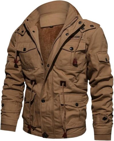 Kinkia Men's Winter Thicken Fleece Lined Outwear Jacket Casual Multi-Pockets Cargo Overcoat in Kuwait