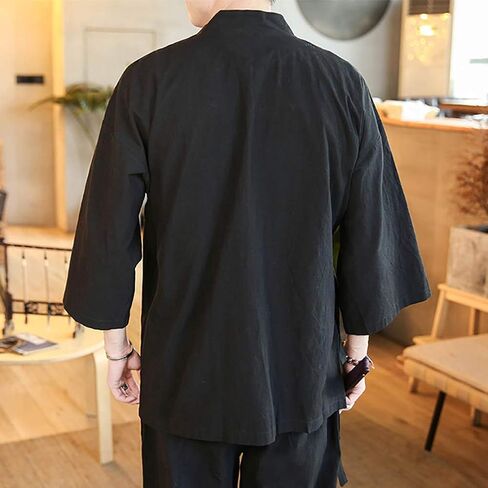Men's Chinese Style Linen Cardigan Jacket loose kimono Jacket Solid Color Self-tie Hanfu Traditional Clothing in Kuwait