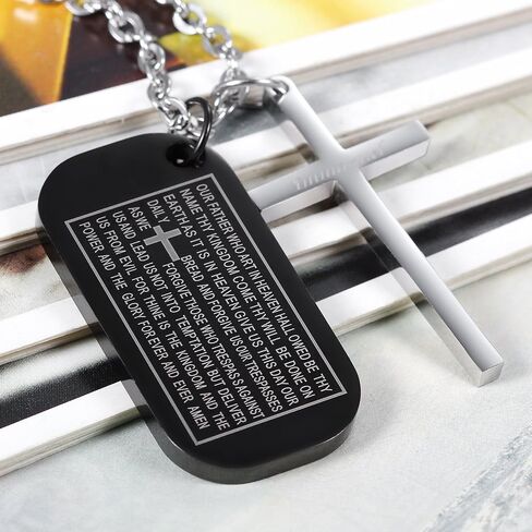 Flongo Men's Vintage Stainless Steel Black Cross Silver English Bible Lords Prayer Religious Link Wrist Bracelet for Christmas Thanksgiving New Year Gift (Set 1) in Saudi Arabia