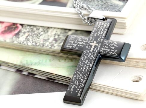 Flongo Men's Vintage Stainless Steel Black Cross Silver English Bible Lords Prayer Religious Link Wrist Bracelet for Christmas Thanksgiving New Year Gift (Set 1) in Saudi Arabia