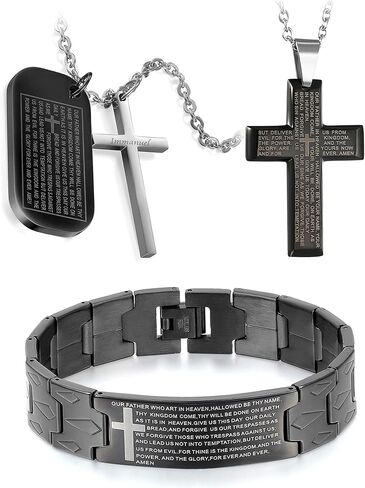 Flongo Men's Vintage Stainless Steel Black Cross Silver English Bible Lords Prayer Religious Link Wrist Bracelet for Christmas Thanksgiving New Year Gift (Set 1) in Saudi Arabia