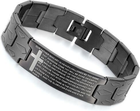 Flongo Men's Vintage Stainless Steel Black Cross Silver English Bible Lords Prayer Religious Link Wrist Bracelet for Christmas Thanksgiving New Year Gift (Set 1) in Saudi Arabia