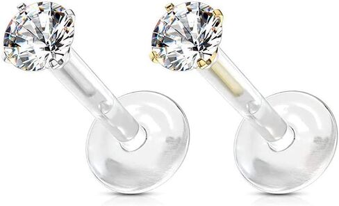 Covet Jewelry Prong Set Round CZ 316L Surgical Steel Top Push in Bio Flex Flat Back Studs for Labret, Monroe, Ear Cartilage, and More in Kuwait