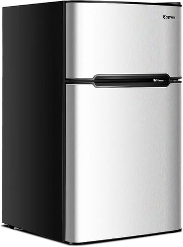 COSTWAY Compact Refrigerator, 3.2 cu ft. Unit 2-Door Mini Freezer Cooler Fridge with Reversible Door, Removable Glass Shelves, Mechanical Control, Recessed Handle for Dorm, Office, Apartment (Grey) in Saudi Arabia