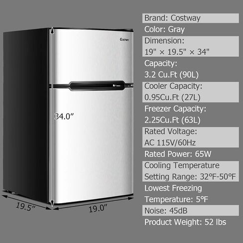 COSTWAY Compact Refrigerator, 3.2 cu ft. Unit 2-Door Mini Freezer Cooler Fridge with Reversible Door, Removable Glass Shelves, Mechanical Control, Recessed Handle for Dorm, Office, Apartment (Grey) in Saudi Arabia