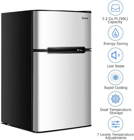 COSTWAY Compact Refrigerator, 3.2 cu ft. Unit 2-Door Mini Freezer Cooler Fridge with Reversible Door, Removable Glass Shelves, Mechanical Control, Recessed Handle for Dorm, Office, Apartment (Grey) in Saudi Arabia