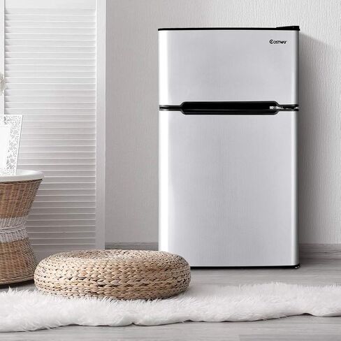 COSTWAY Compact Refrigerator, 3.2 cu ft. Unit 2-Door Mini Freezer Cooler Fridge with Reversible Door, Removable Glass Shelves, Mechanical Control, Recessed Handle for Dorm, Office, Apartment (Grey) in Saudi Arabia