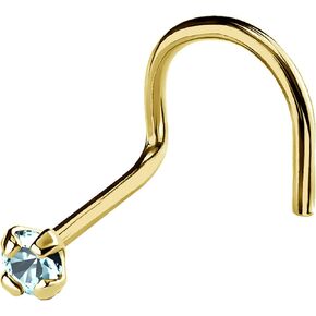 22G Solid 14Kt Gold Nose Screw Stud with Prong Set real Aquamarine Gemstone, 14kt Yellow Gold or 14kt White Gold - March Birthstone Nose Ring