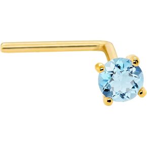 22G Solid 14Kt Gold L-Shape Nose Stud with real Blue Topaz Gemstone, 14kt Yellow Gold or 14kt White Gold Prong Setting - December Birthstone Nose Ring