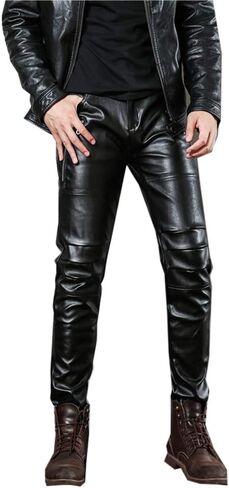 LinvMe Men Fitted PU Faux Leather Jeans Biker Pants Punk Style in Kuwait