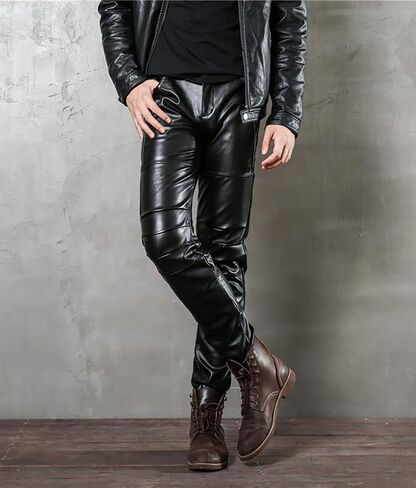 LinvMe Men Fitted PU Faux Leather Jeans Biker Pants Punk Style in Kuwait