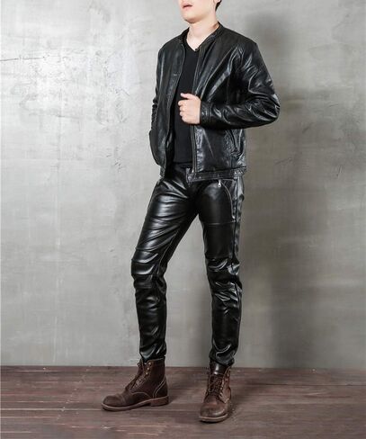 LinvMe Men Fitted PU Faux Leather Jeans Biker Pants Punk Style in Kuwait
