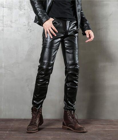 LinvMe Men Fitted PU Faux Leather Jeans Biker Pants Punk Style in Kuwait