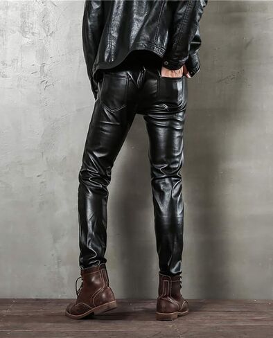 LinvMe Men Fitted PU Faux Leather Jeans Biker Pants Punk Style in Kuwait